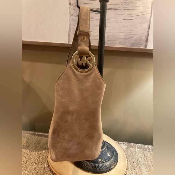 Michael Kors Fulton Suede Tan Leather Slouchy Bold Gold Logo Hobo Shoulder Bag - Picture 10 of 12